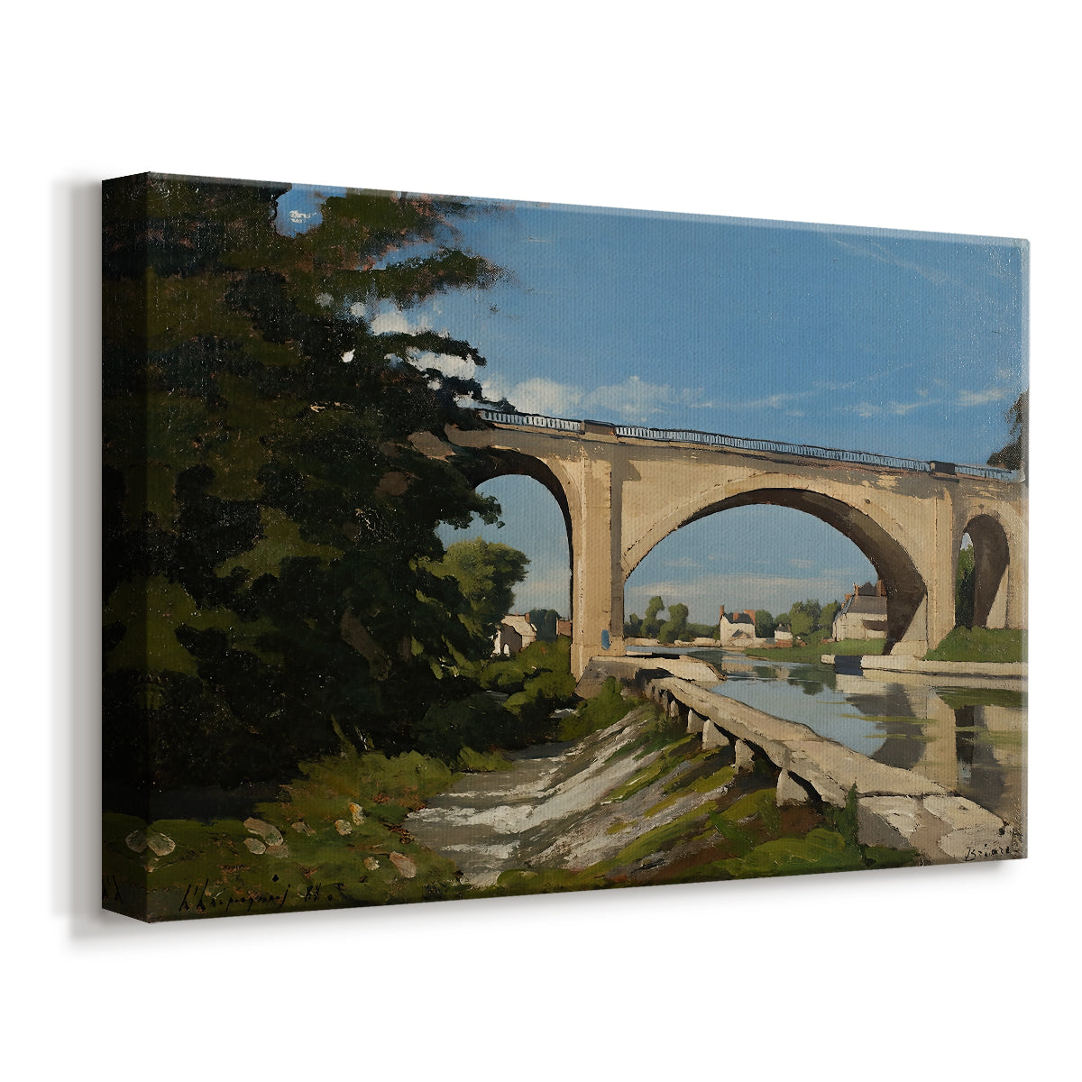 Canvas art print featuring an architectural landscape with bridge crossing calm river, displayed at an angle