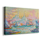 Canvas art print featuring a pointillist historic port with layered architecture, displayed at an angle