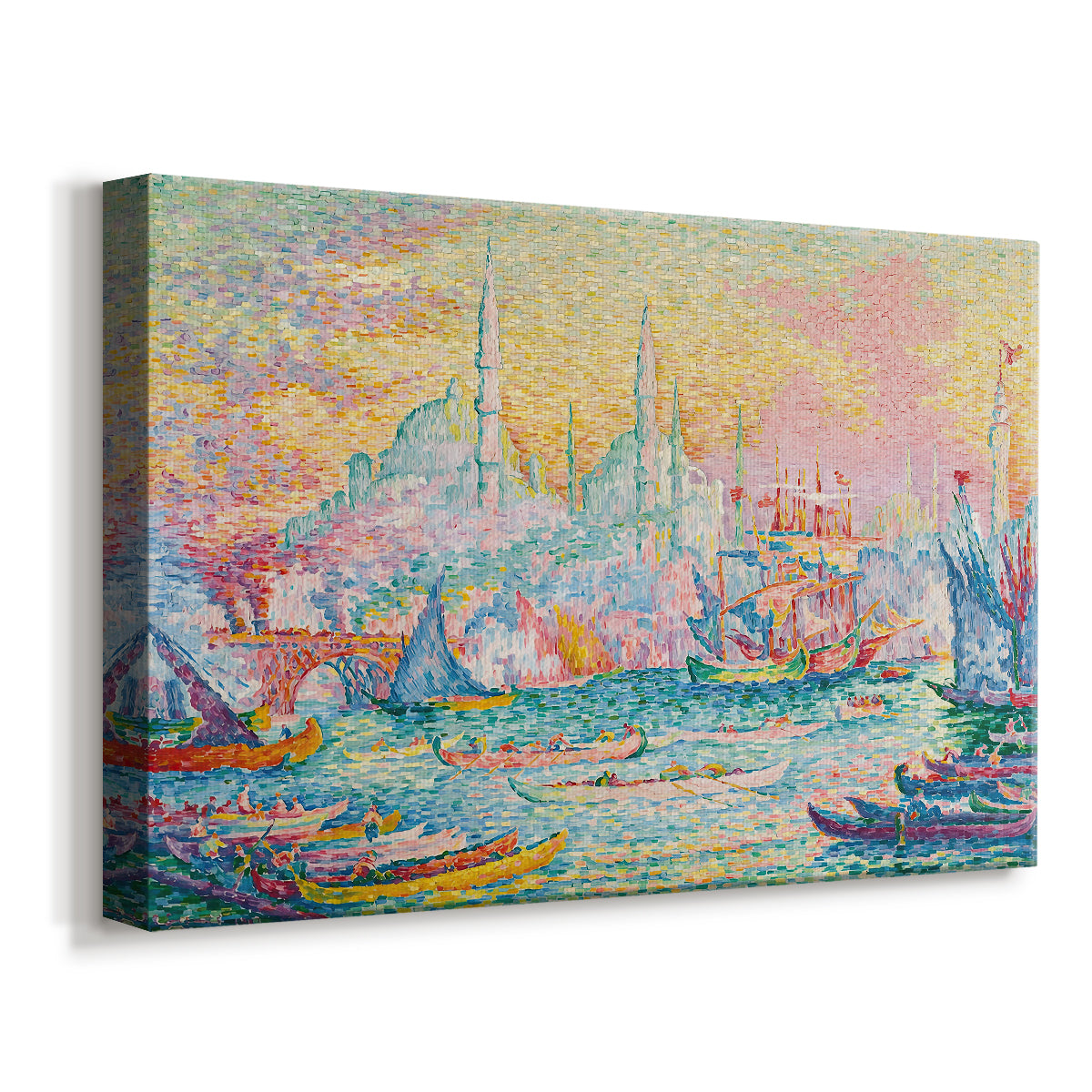 Canvas art print featuring a pointillist historic port with layered architecture, displayed at an angle
