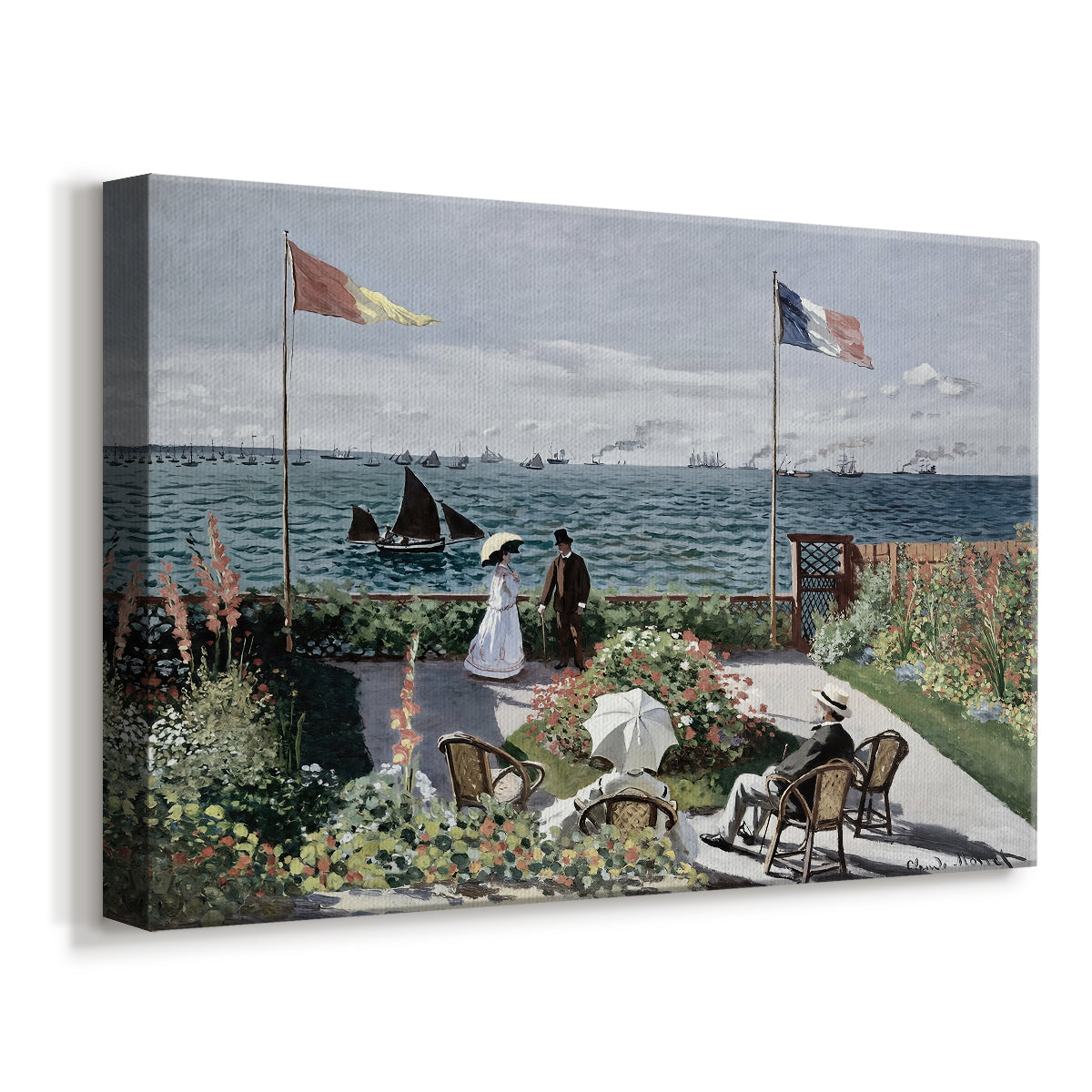 Canvas art print featuring an impressionist coastal garden with people and ocean view, displayed at an angle