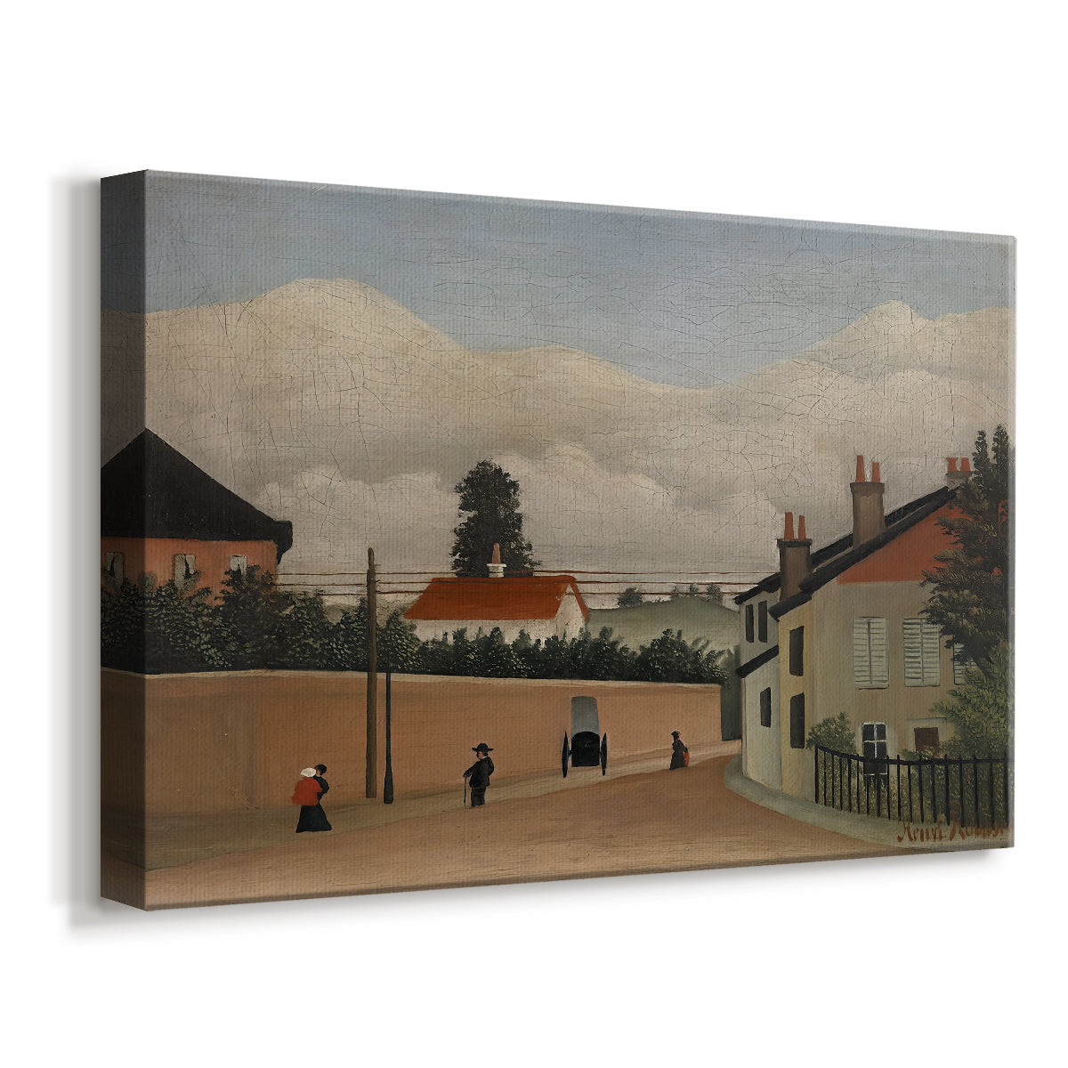 Canvas art print featuring a naïve city-edge scene with houses and surrounding land, displayed at an angle