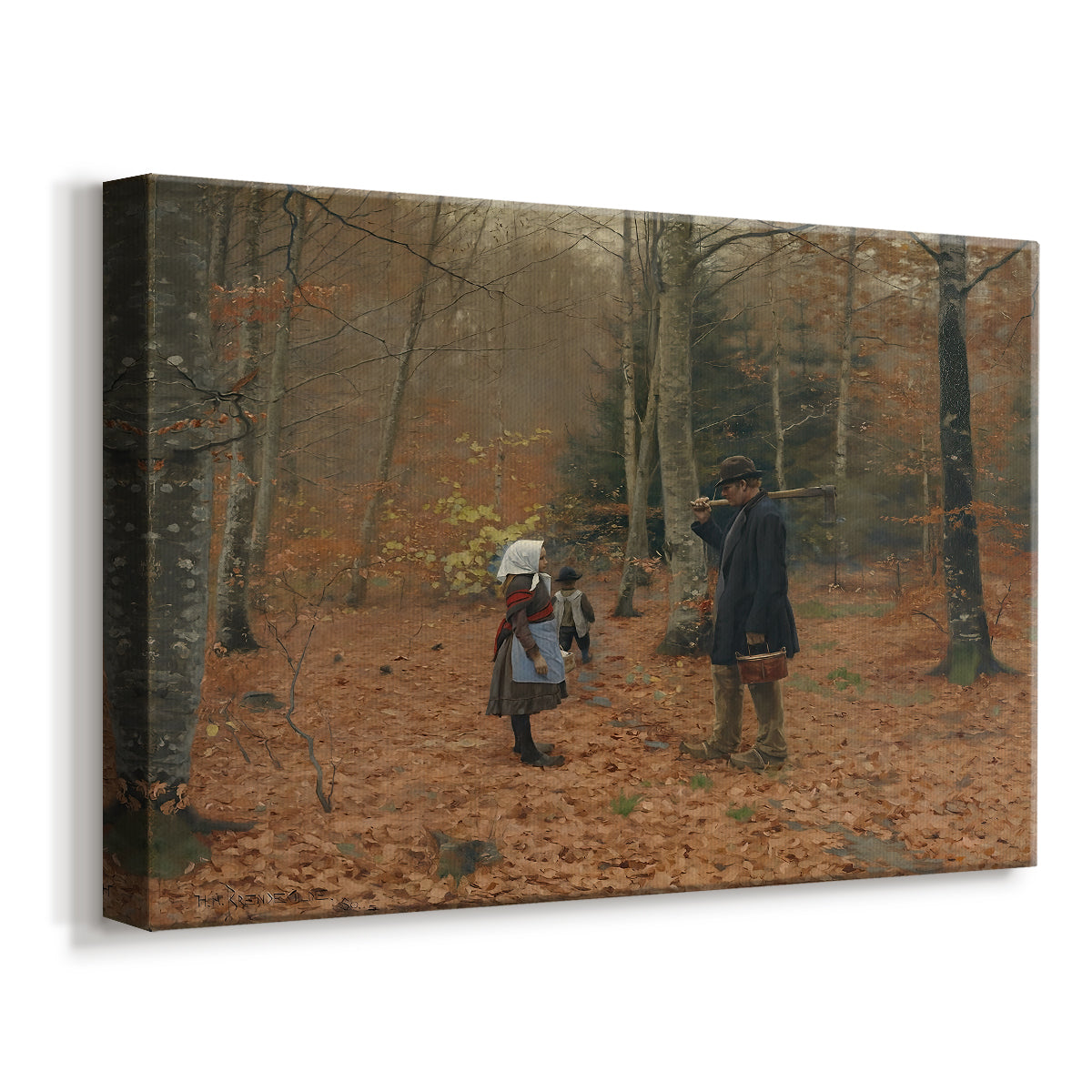 Canvas art print featuring a rural family moving along wooded path in natural setting, displayed at an angle