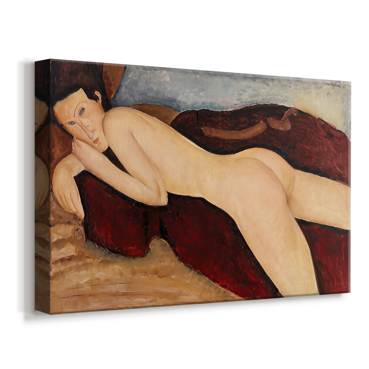 Canvas art print featuring a rear view of reclining female nude stretched across bed or sofa, displayed at an angle