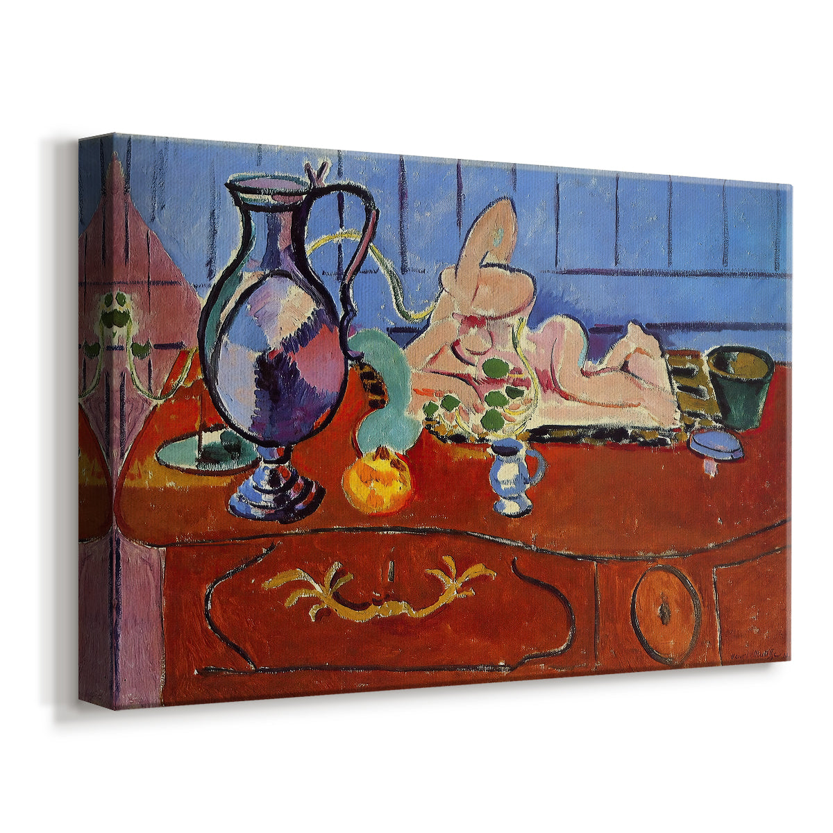 Canvas art print featuring an expressive arrangement of a metal jug and small figurine, displayed at an angle