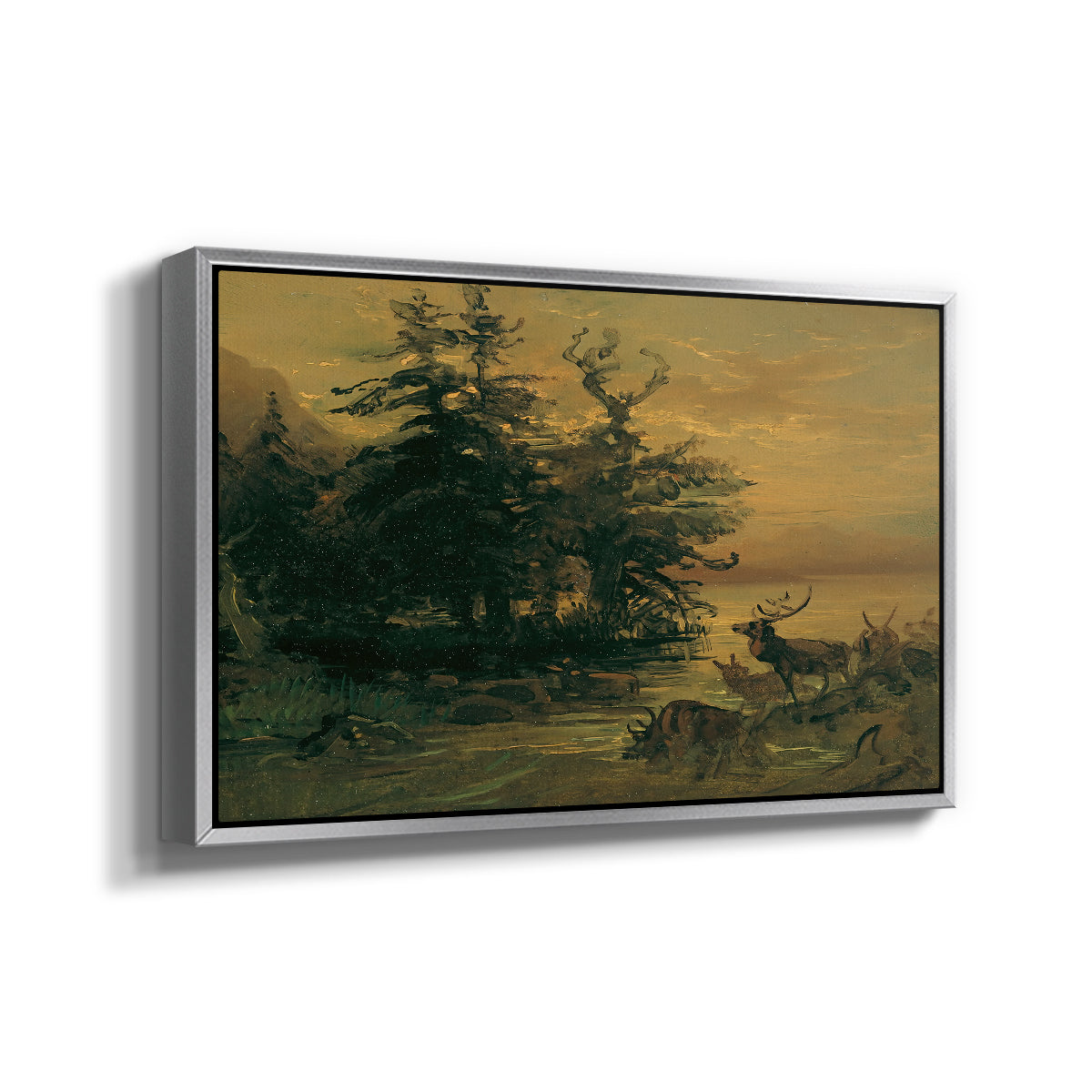 Wallowing Deer on the Shore of a Mountain Lake, c. 1850 - Floater Framed Canvas Print