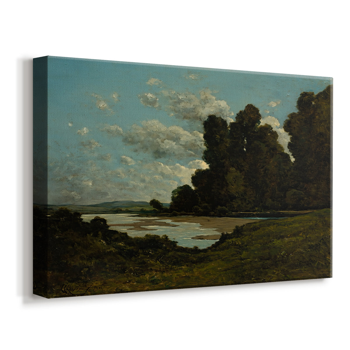 Canvas art print featuring a scenic river view with architecture and water reflections, displayed at an angle