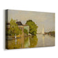 Canvas art print featuring riverside homes with trees and mirrored reflections in water, displayed at an angle