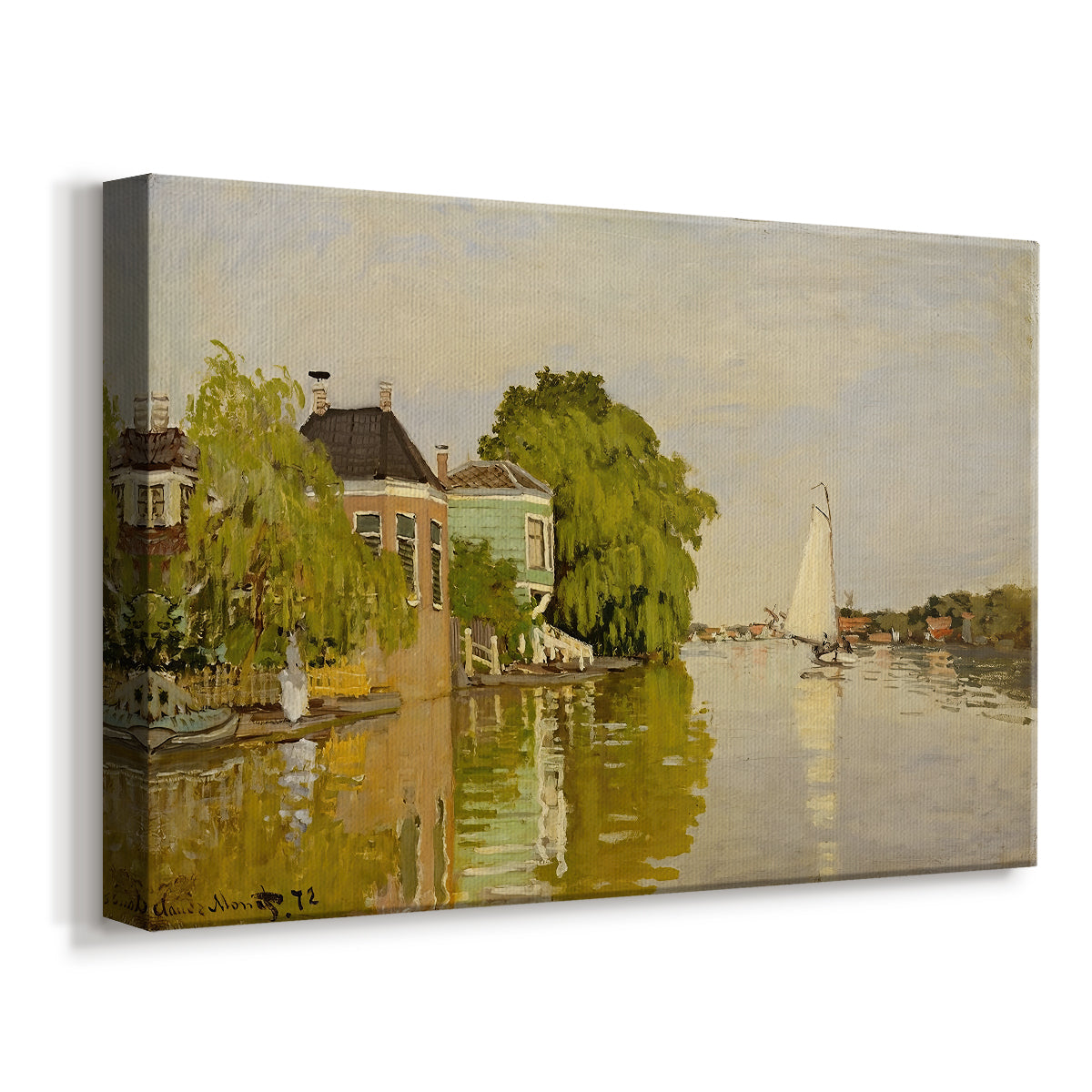Canvas art print featuring riverside homes with trees and mirrored reflections in water, displayed at an angle