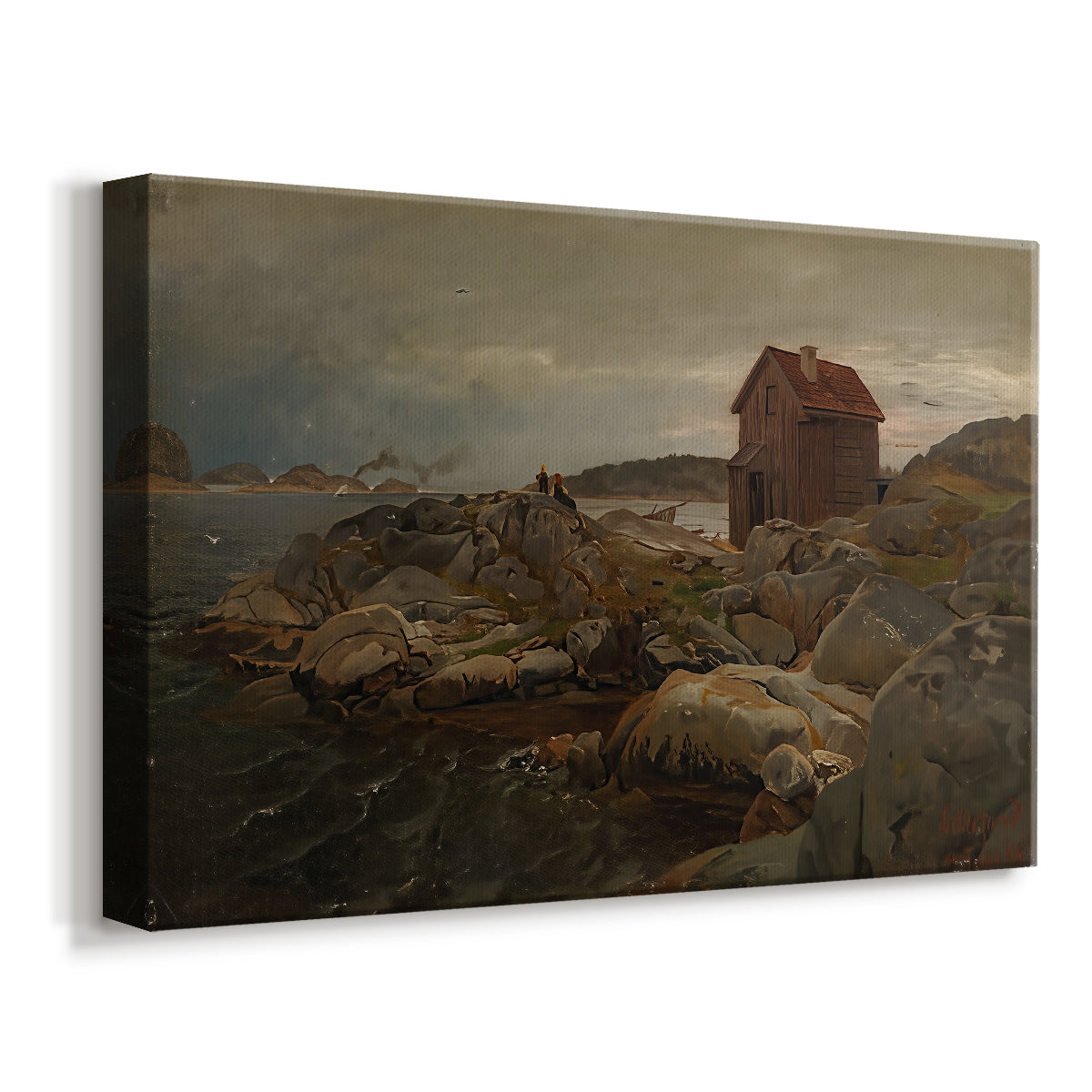 Canvas art print featuring a seaside dwelling with fishing boats and calm water, displayed at an angle