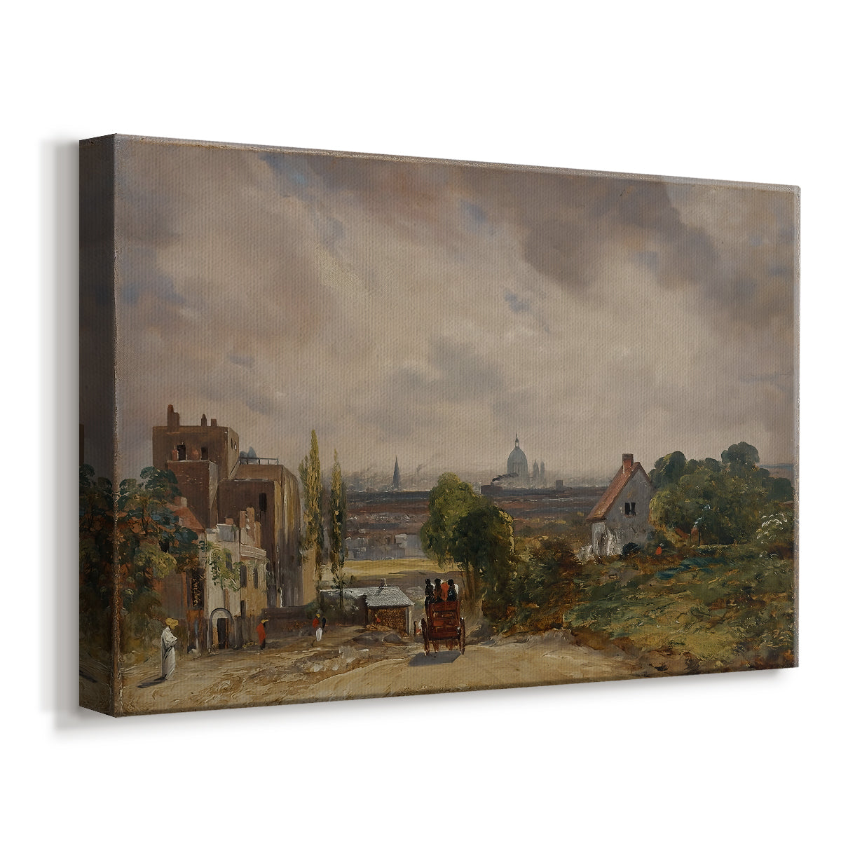 Canvas art print featuring a rustic building surrounded by vegetation, displayed at an angle