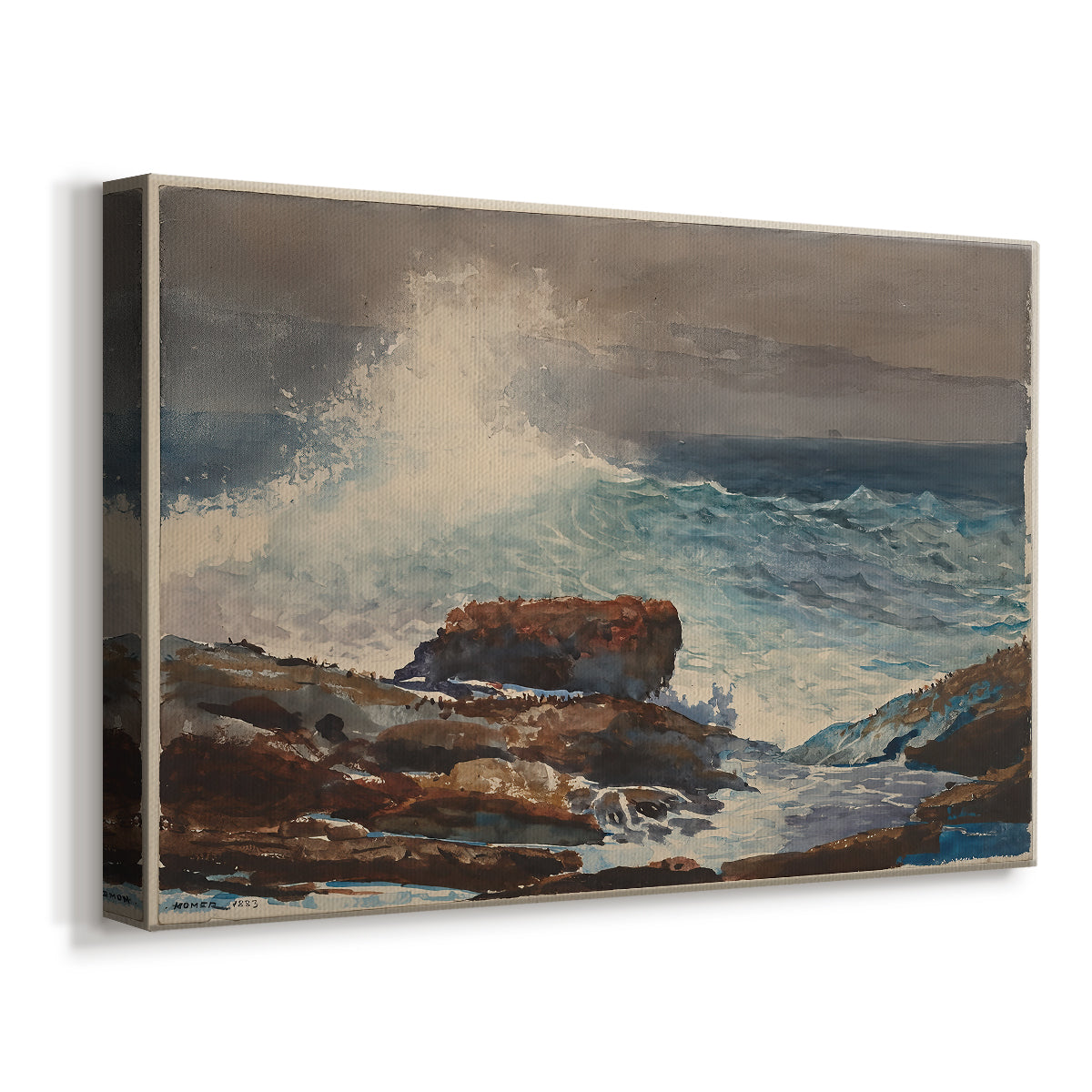 Canvas art print featuring a coastal scene showing water advancing toward land, displayed at an angle
