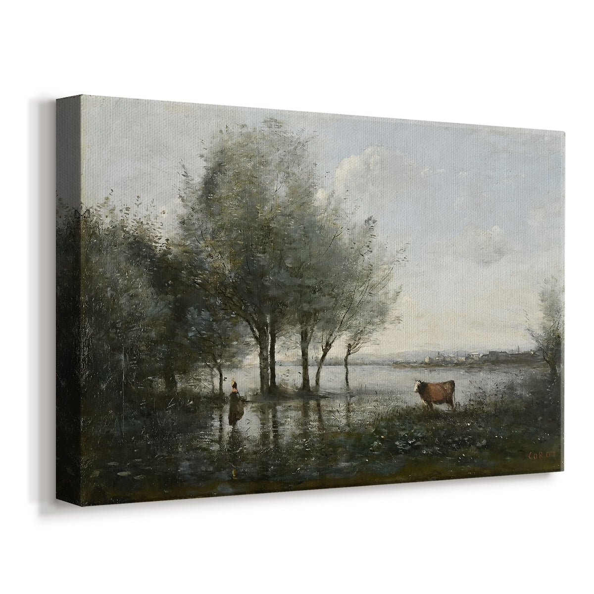 Canvas art print featuring a tranquil wetland scene with reflections and vegetation, displayed at an angle