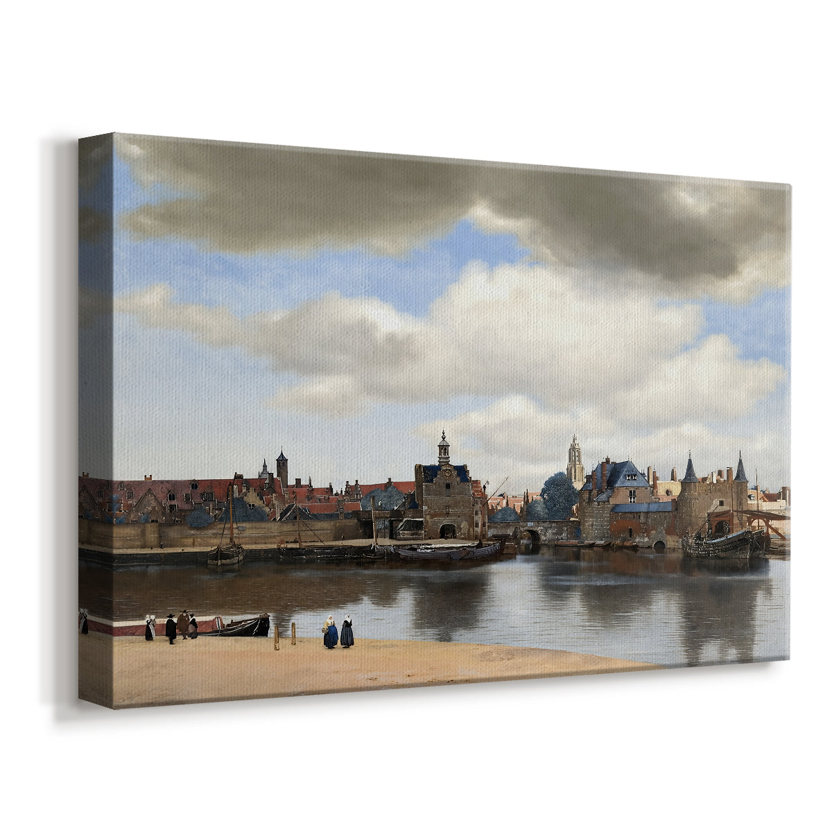 Canvas art print featuring an urban landscape with waterfront and architecture, displayed at an angle