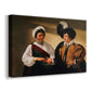 Canvas art print featuring a fortune teller examining hand of man as she slyly removes his ring, displayed at an angle