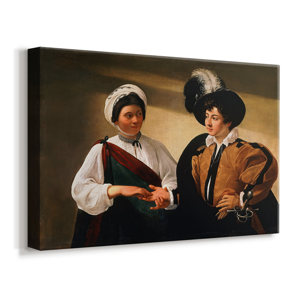 Canvas art print featuring a fortune teller examining hand of man as she slyly removes his ring, displayed at an angle