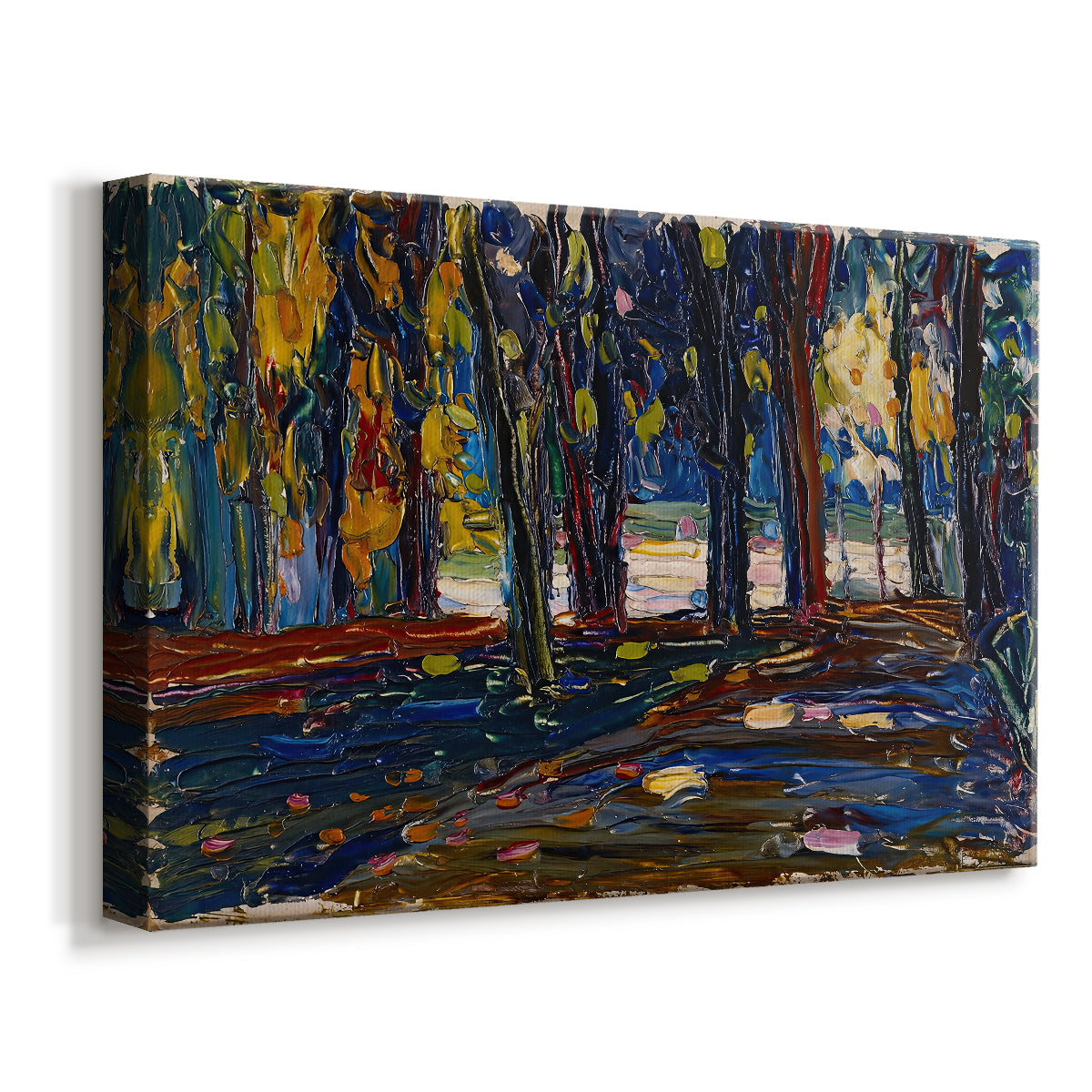 Canvas art print featuring an expressive scene emphasizing seasonal color and vertical forms, displayed at an angle