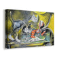Canvas art print featuring a surreal blend of animal and tabletop elements, displayed at an angle