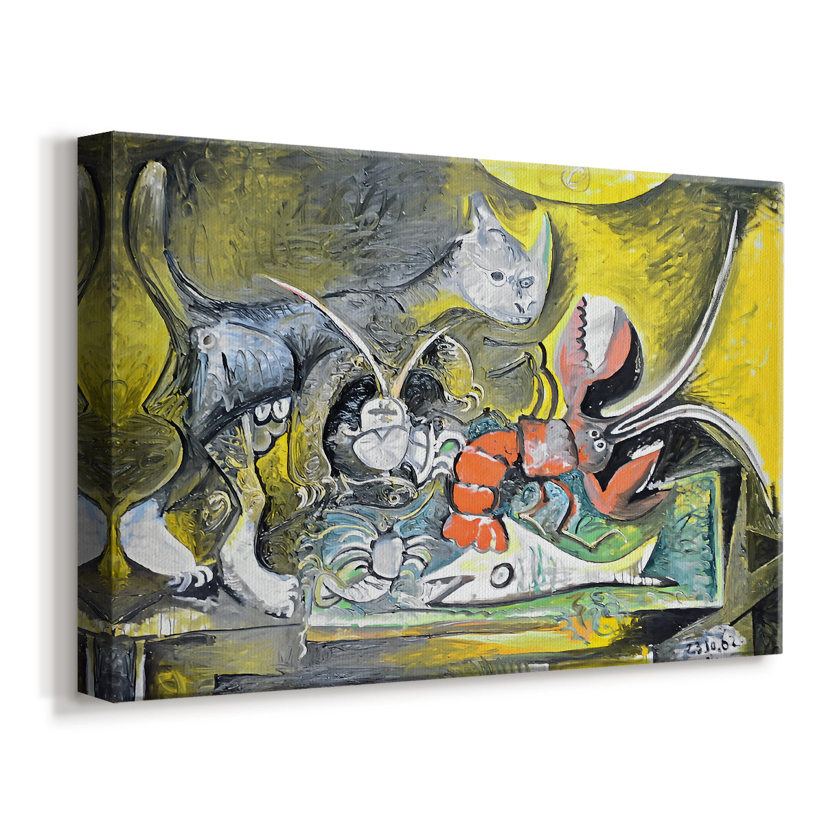 Canvas art print featuring a surreal blend of animal and tabletop elements, displayed at an angle