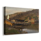 Canvas art print featuring a coastal scene with pier and moored boats in calm water, displayed at an angle