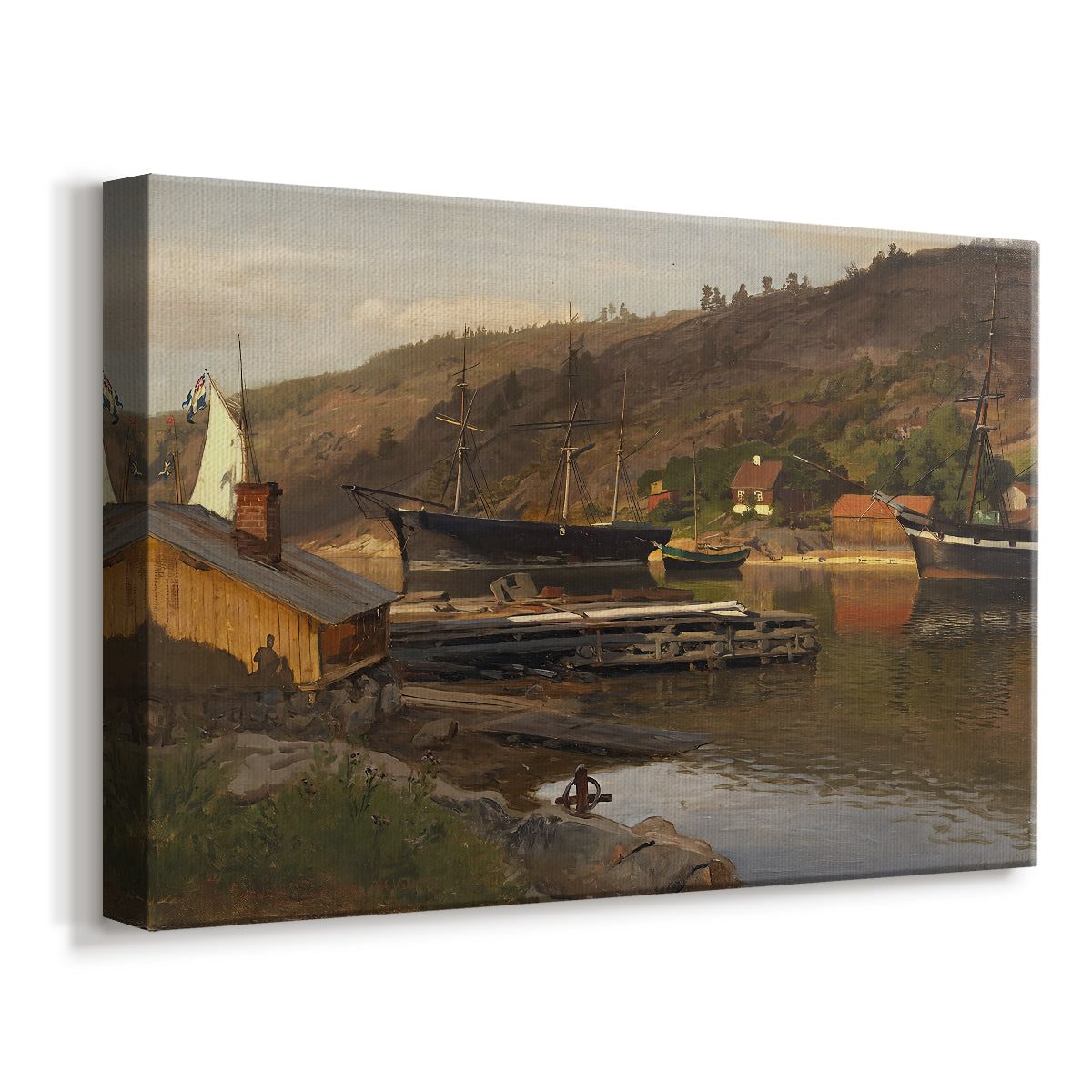 Canvas art print featuring a coastal scene with pier and moored boats in calm water, displayed at an angle