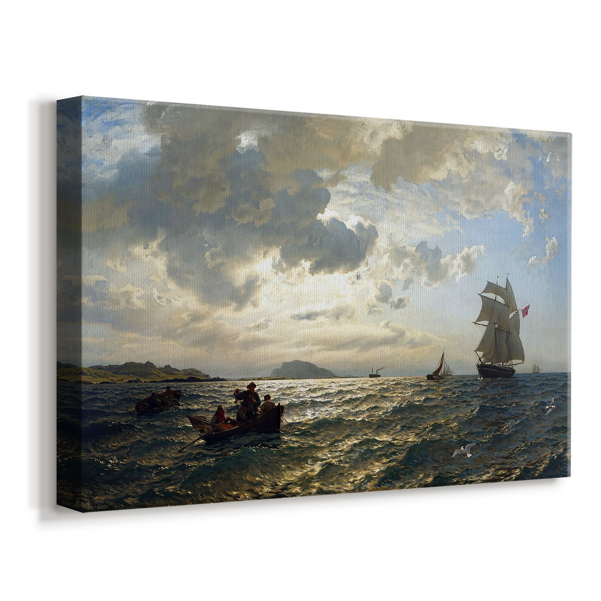 Canvas art print featuring a seaside scene with wind moving water and clouds, displayed at an angle