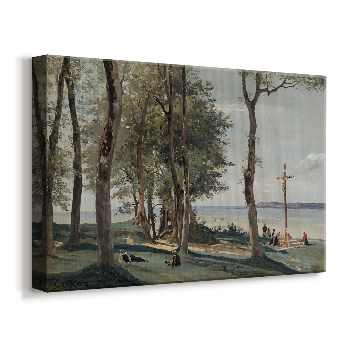 Canvas art print featuring an atmospheric countryside scene with crucifix on elevated ground, displayed at an angle