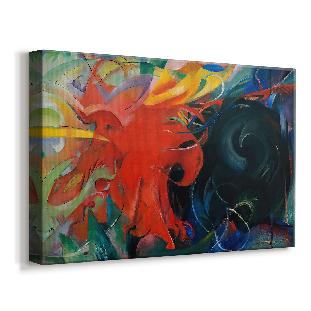 Canvas art print featuring an expressionist painting of opposing forms in motion, displayed at an angle