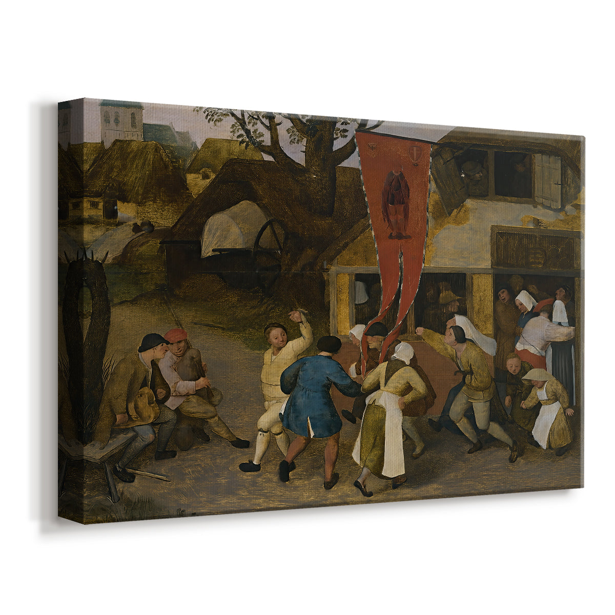 Canvas art print featuring a rustic festive gathering in a village, displayed at an angle