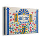 Canvas art print featuring a colorful abstract scene with bold shapes and symbolic forms, displayed at an angle