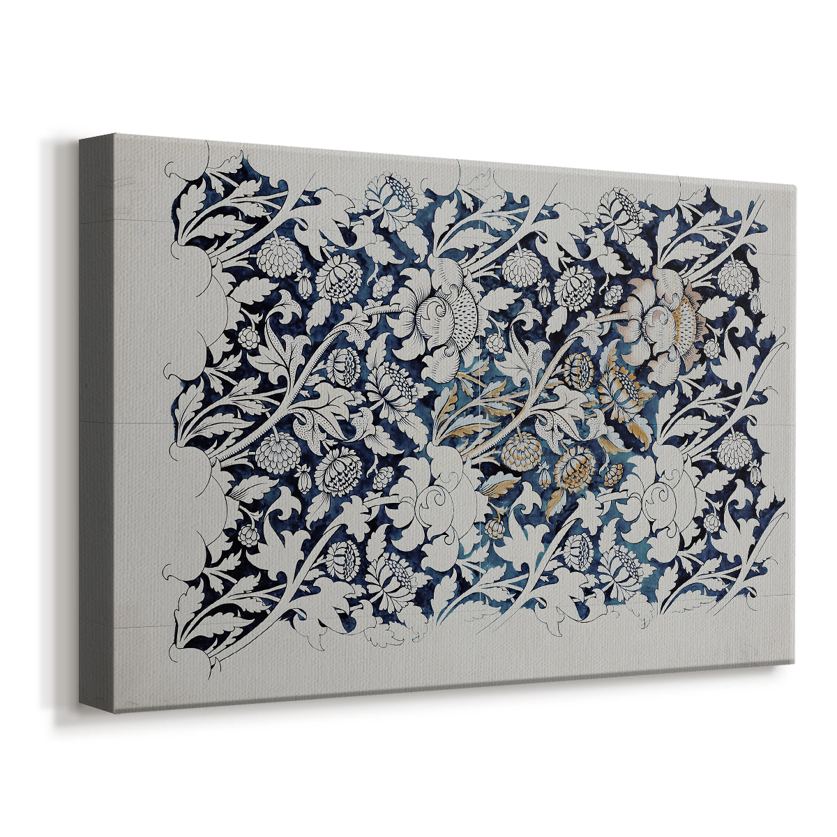 Canvas art print featuring a textile pattern with organic vine movement and spaced flowers, displayed at an angle