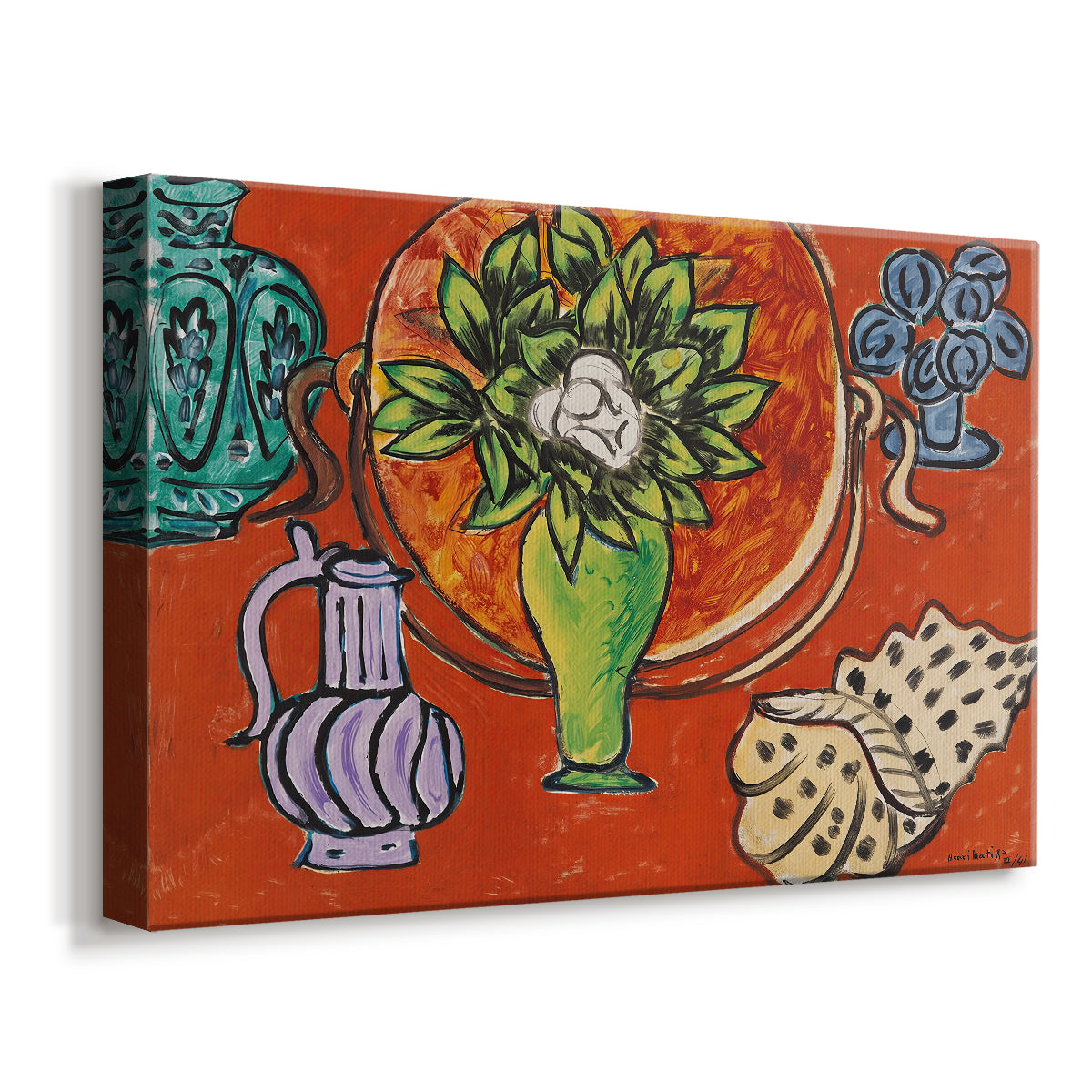 Canvas art print featuring a floral still life with magnolia blooms and decorative background, displayed at an angle