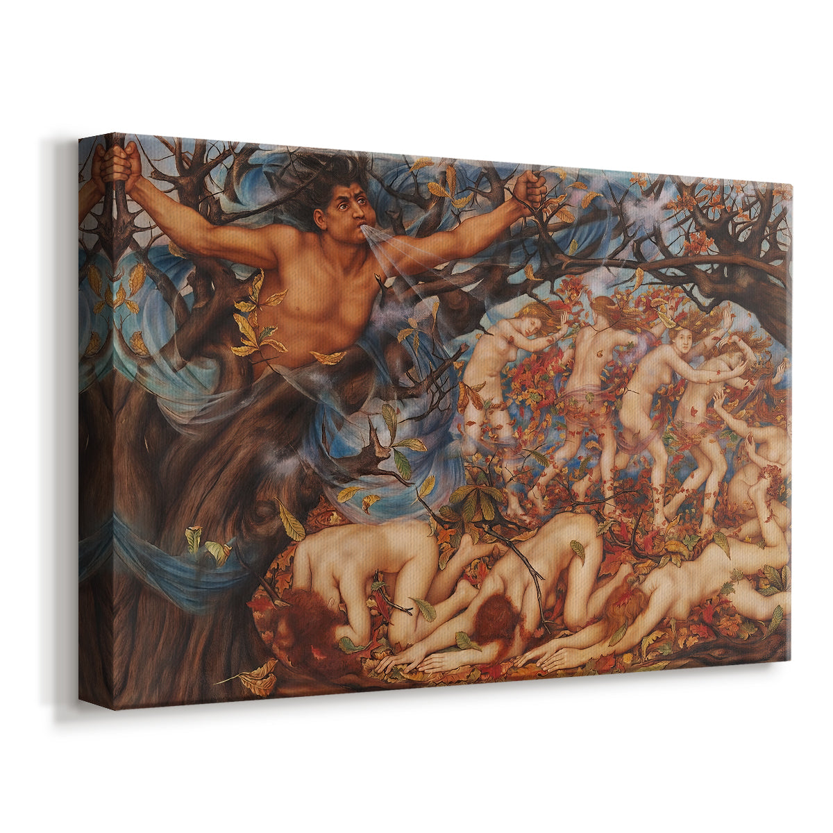 Canvas art print featuring a mythological scene of wind god Boreas moving through autumn leaves, displayed at an angle