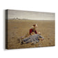Canvas art print featuring an emotional scene of person lying down in field after labor, displayed at an angle
