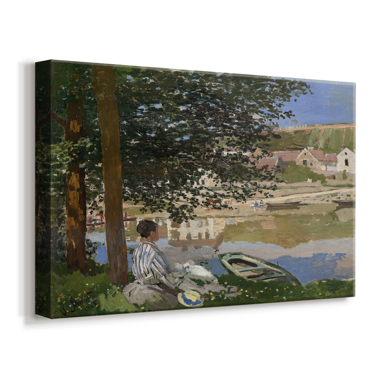 Canvas art print featuring a peaceful riverside scene with figures resting in grassy area by water, displayed at an angle