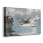 Canvas art print featuring a coastal scene with multiple vessels floating near land, displayed at an angle