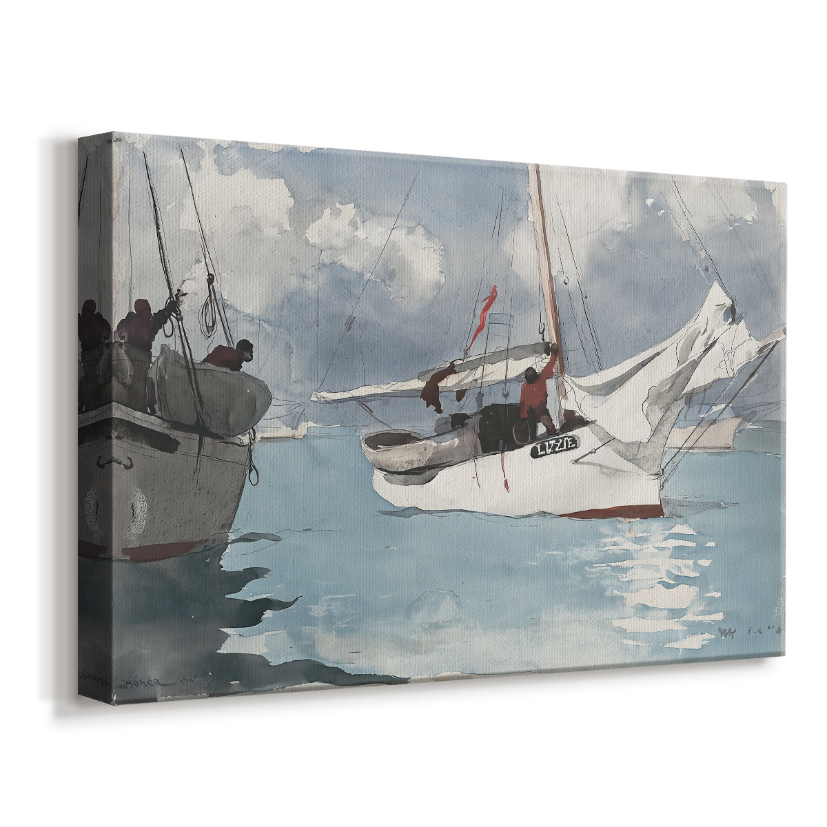 Canvas art print featuring a coastal scene with multiple vessels floating near land, displayed at an angle