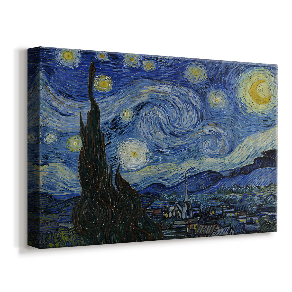 Canvas art print featuring an expressive nocturnal landscape with glowing celestial patterns, displayed at an angle