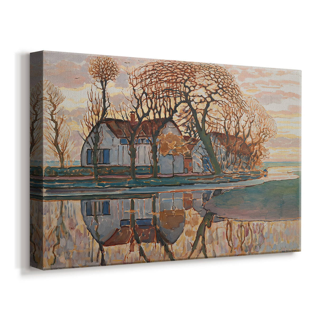 Canvas art print featuring a rural scene with buildings and vegetation in expressive color, displayed at an angle