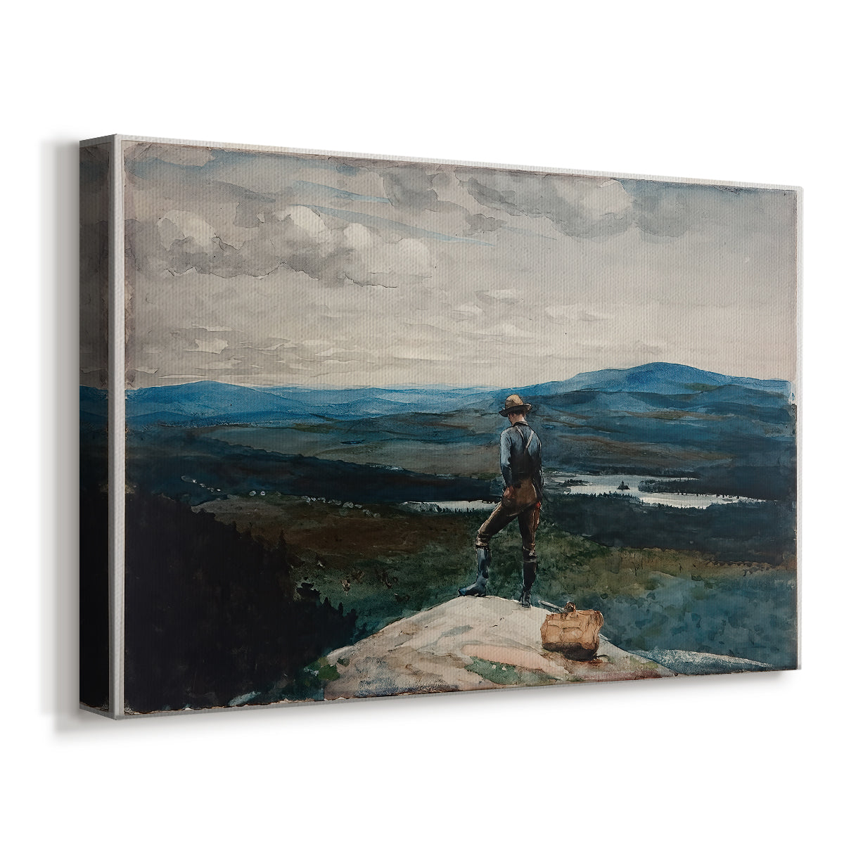 Canvas art print featuring an outdoor scene with person navigating boat across lake, displayed at an angle