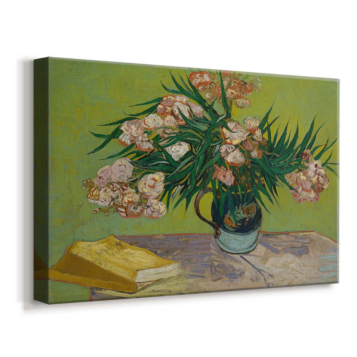 Canvas art print featuring an expressive floral composition with objects arranged on table, displayed at an angle