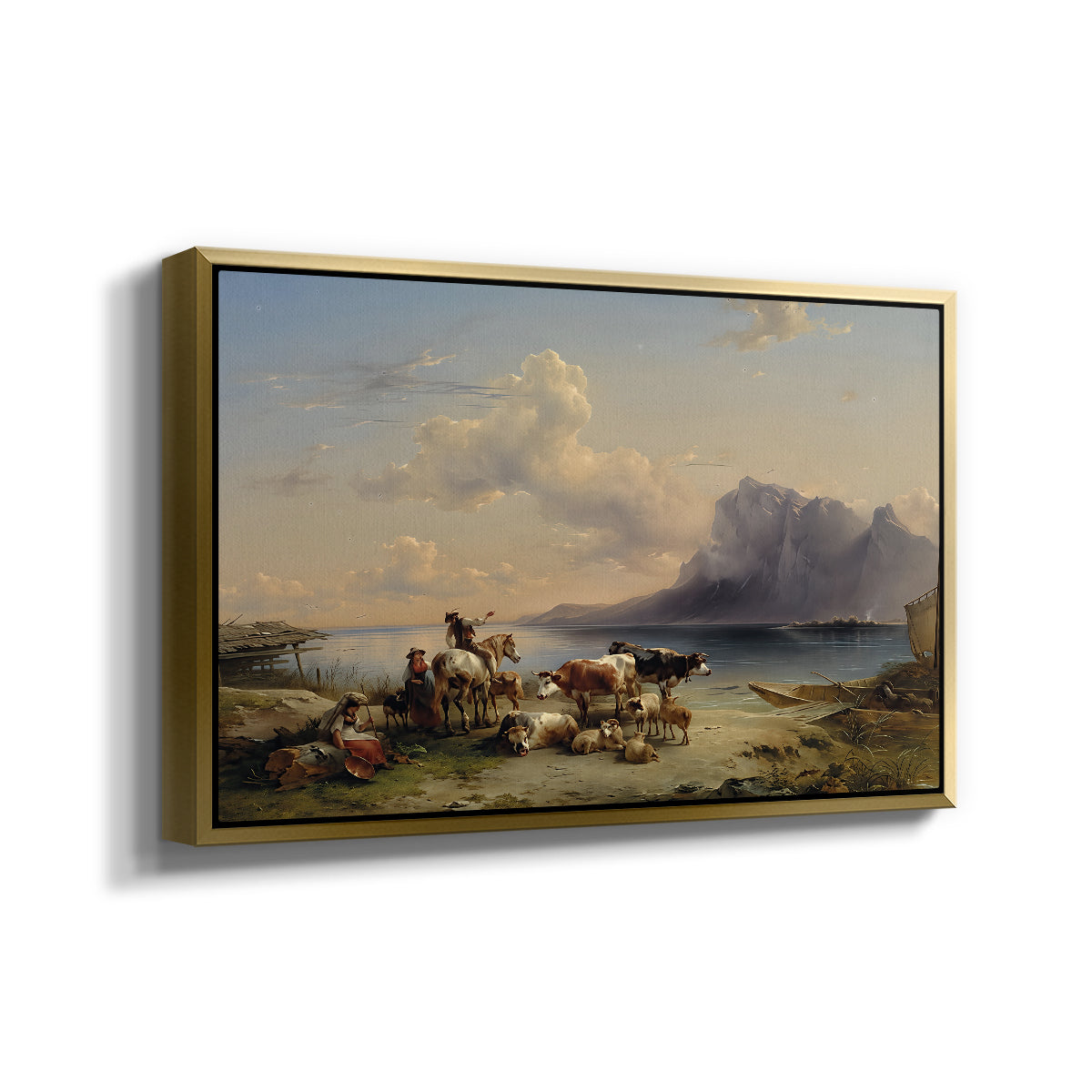 Shepherds and Cattle on Lake Attersee, 1852 - Floater Framed Canvas Print