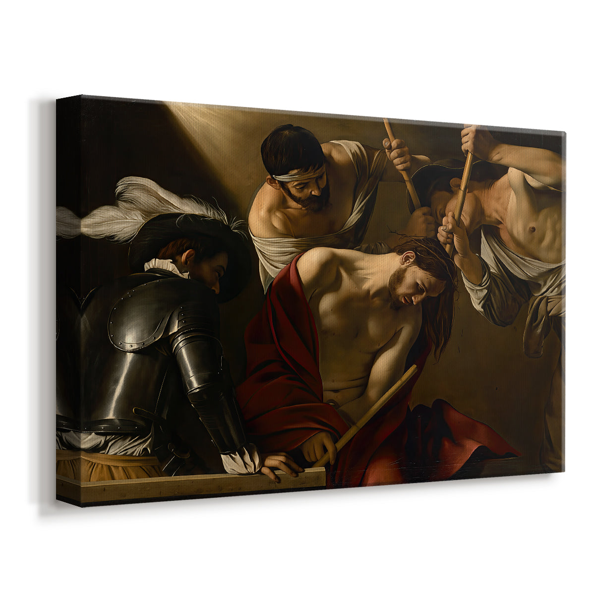 Canvas art print featuring a biblical scene of Christ being mocked and crowned with thorns, displayed at an angle