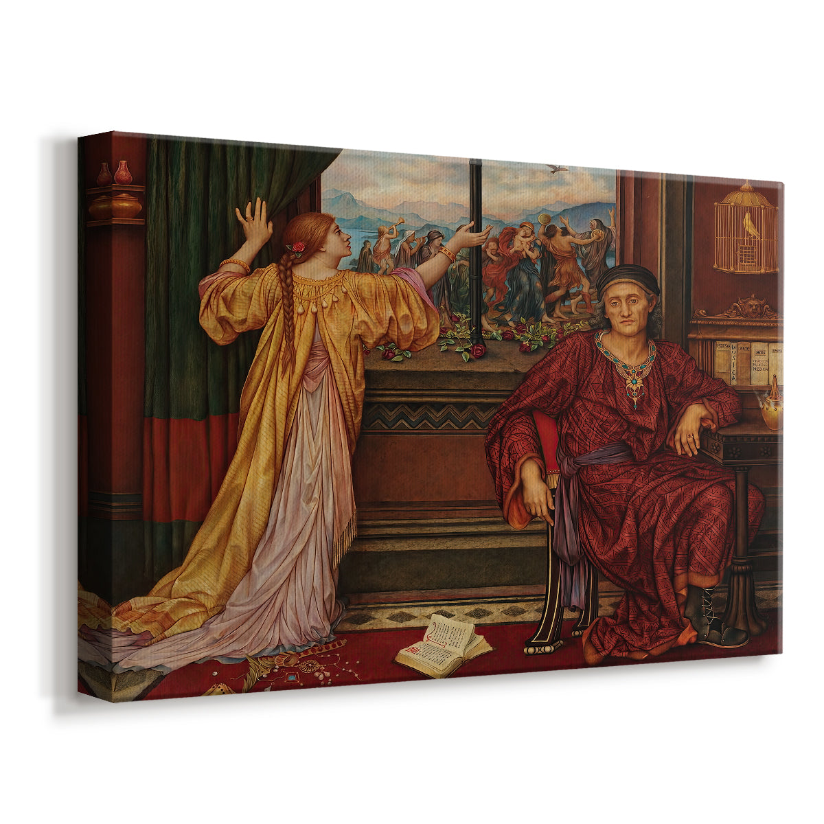 Canvas art print featuring a symbolic scene of figure enclosed within decorative surroundings, displayed at an angle