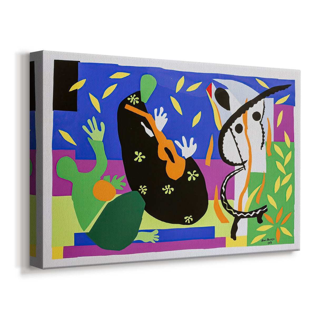 Canvas art print featuring a modernist collage combining figure and color blocks, displayed at an angle
