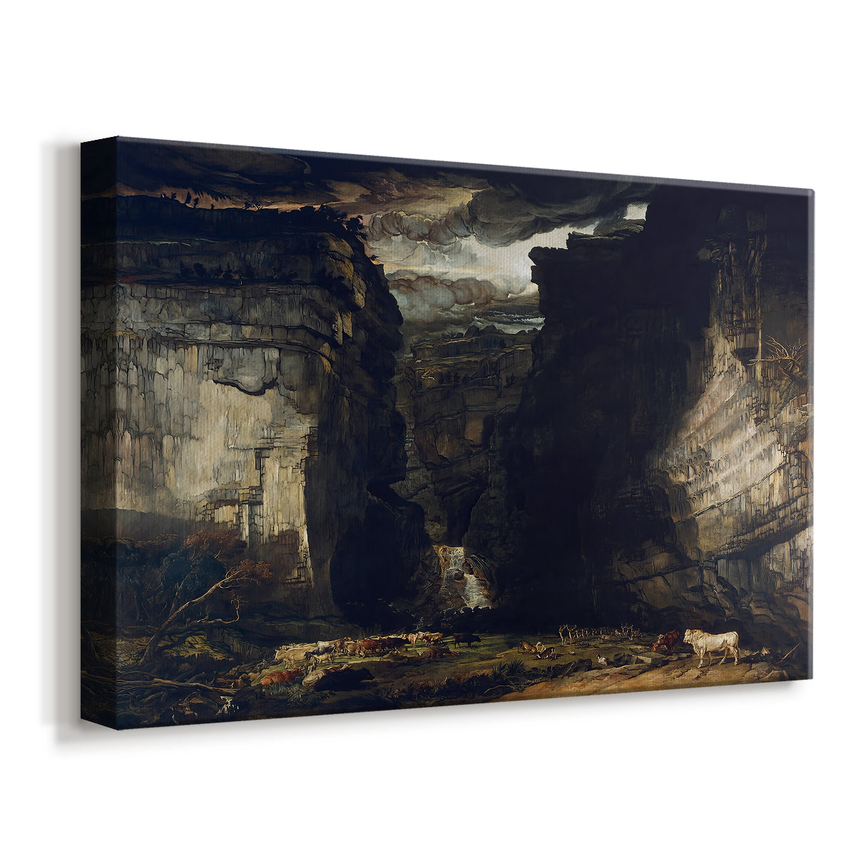 Canvas art print featuring a rugged landscape with steep rock formations and depth, displayed at an angle