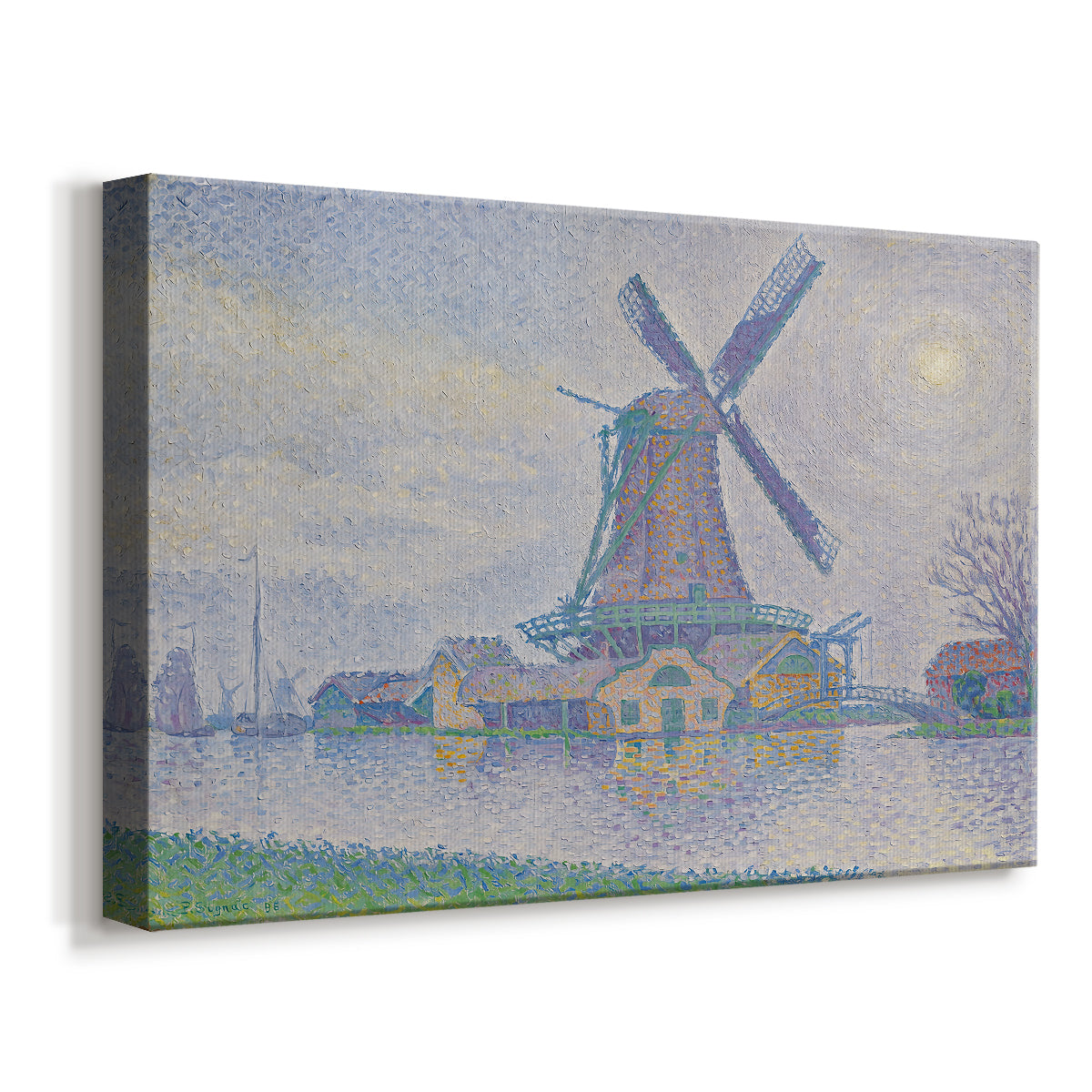 Canvas art print featuring an architectural scene with mill and canal, displayed at an angle