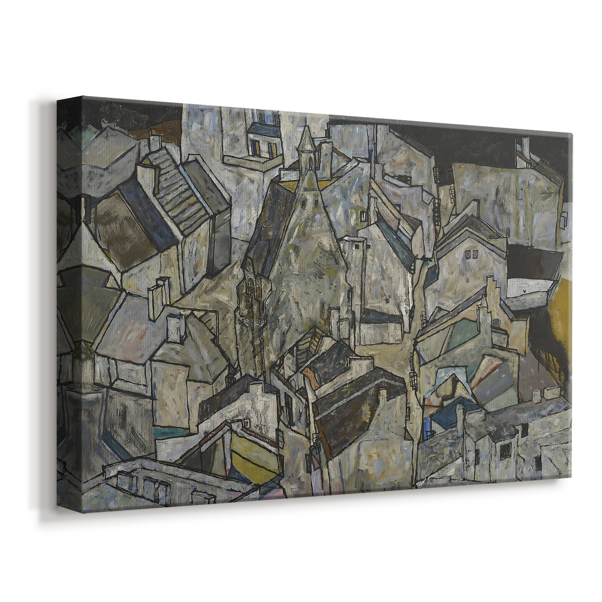 Canvas art print featuring an expressionist cityscape with tightly packed buildings and bold lines, displayed at an angle