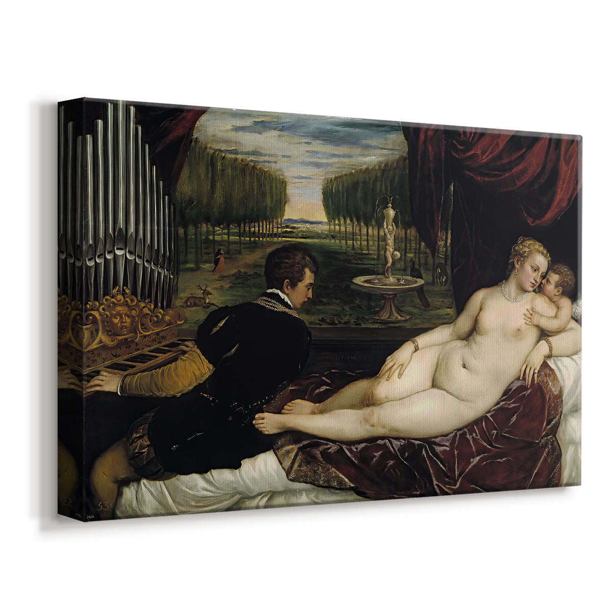 Canvas art print featuring a Renaissance figure group with nude woman, musician, and child Cupid, displayed at an angle