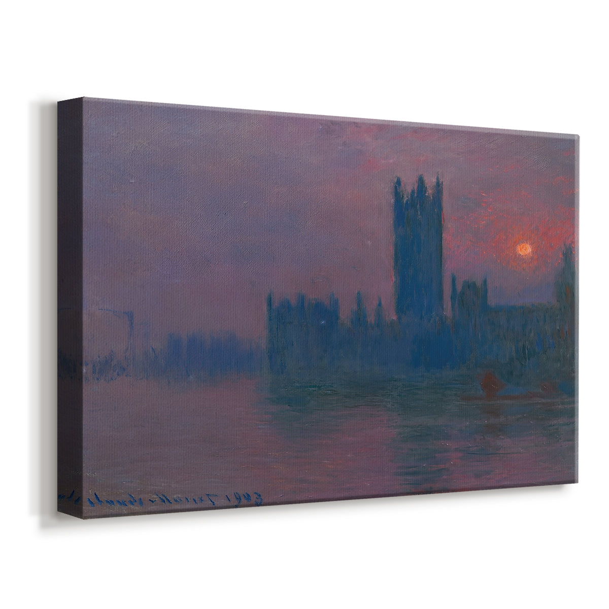 Canvas art print featuring an impressionist cityscape with warm sunset light over water, displayed at an angle