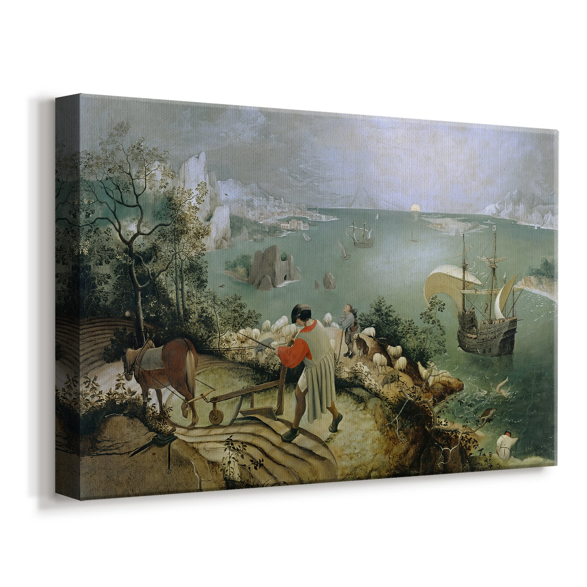 Canvas art print featuring a pastoral scene with subtle mythological event in background, displayed at an angle
